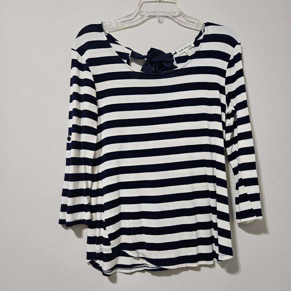 Faith and Joy Navy Blue White Striped Bow Back 3/4 Sleeve‎ Top Women Size Medium